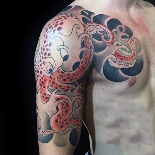 Water Waves Japanese Octopus Half Sleeve And Chest Tattoos For Gentlemen