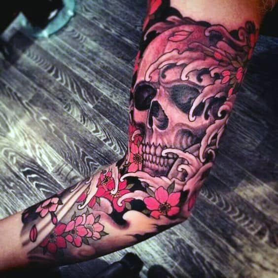 Water Waves Japanese Skull Mens Sleeve Tattoo