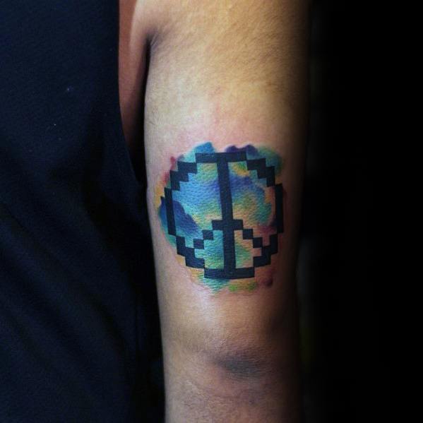 Watercolor 8 Bit Peace Sign Mens Triceps Tattoo