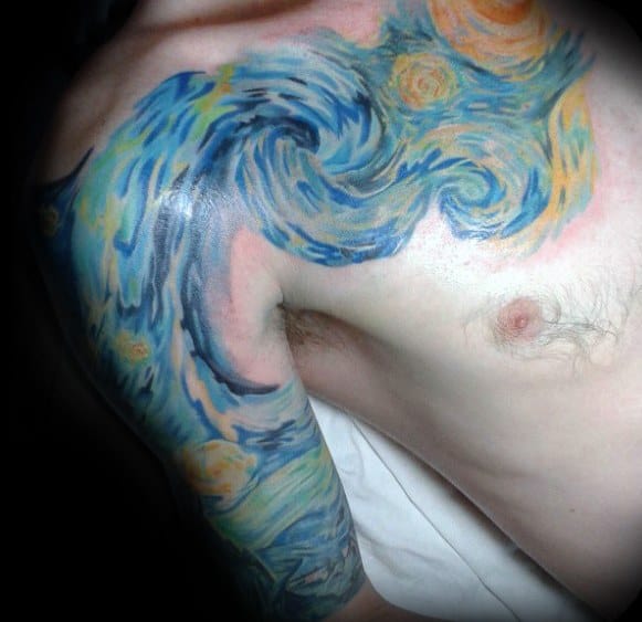Watercolor Amazing Mens Starry Night Chest And Arm Tattoo