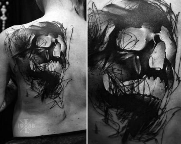Watercolor Artistic Male Skull Back Tattoo Ideas