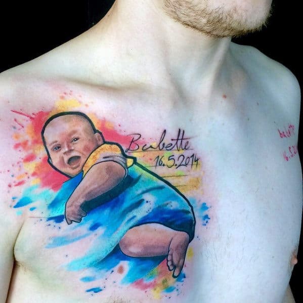 watercolor baby kids name mens chest tattoo