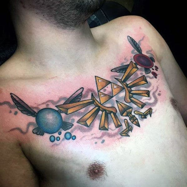 Watercolor Background Male Legend Of Zelda Themed Triforce Upper Chest Tattoo