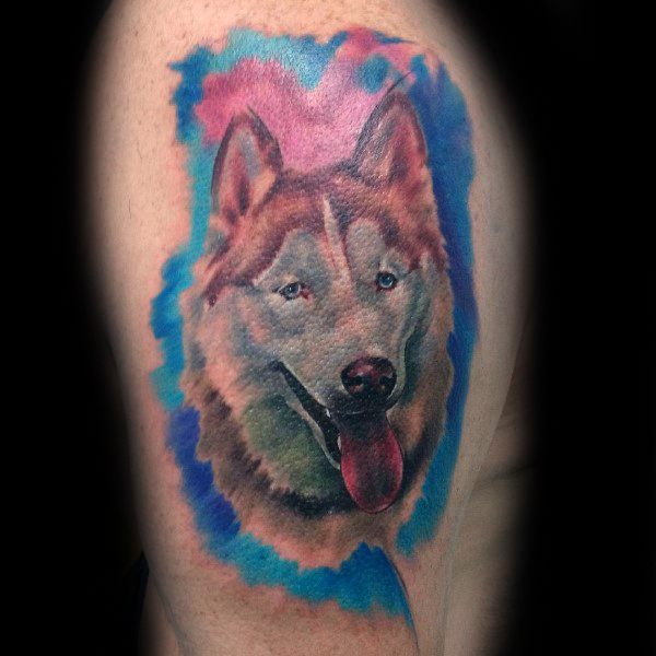 Watercolor Background Thigh Husky Tattoos For Men