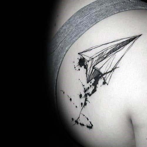 Watercolor Black Ink Paint Splatter Paper Airplane Sketched Mens Shoulder Tattoo