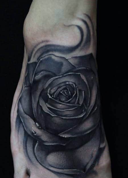 Watercolor Black Rose Realistic Mens Foot Tattoos