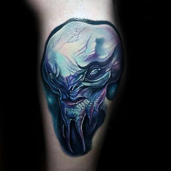 Watercolor Blue And Teal Male Alien Tattoo