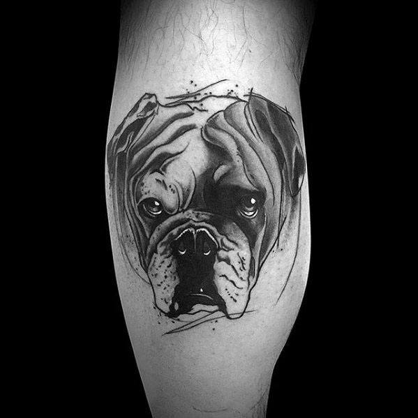 Watercolor Bulldog Head Mens Back Of Leg Calf Tattoo Design Inspiration