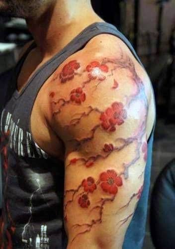 Watercolor Cherry Blossom Floral Tattoo For Men On Upper Arms