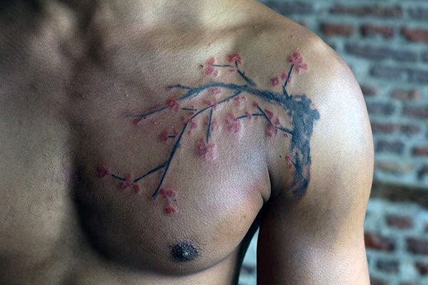 Watercolor Cherry Blossom Tree Mens Chest Tattoos