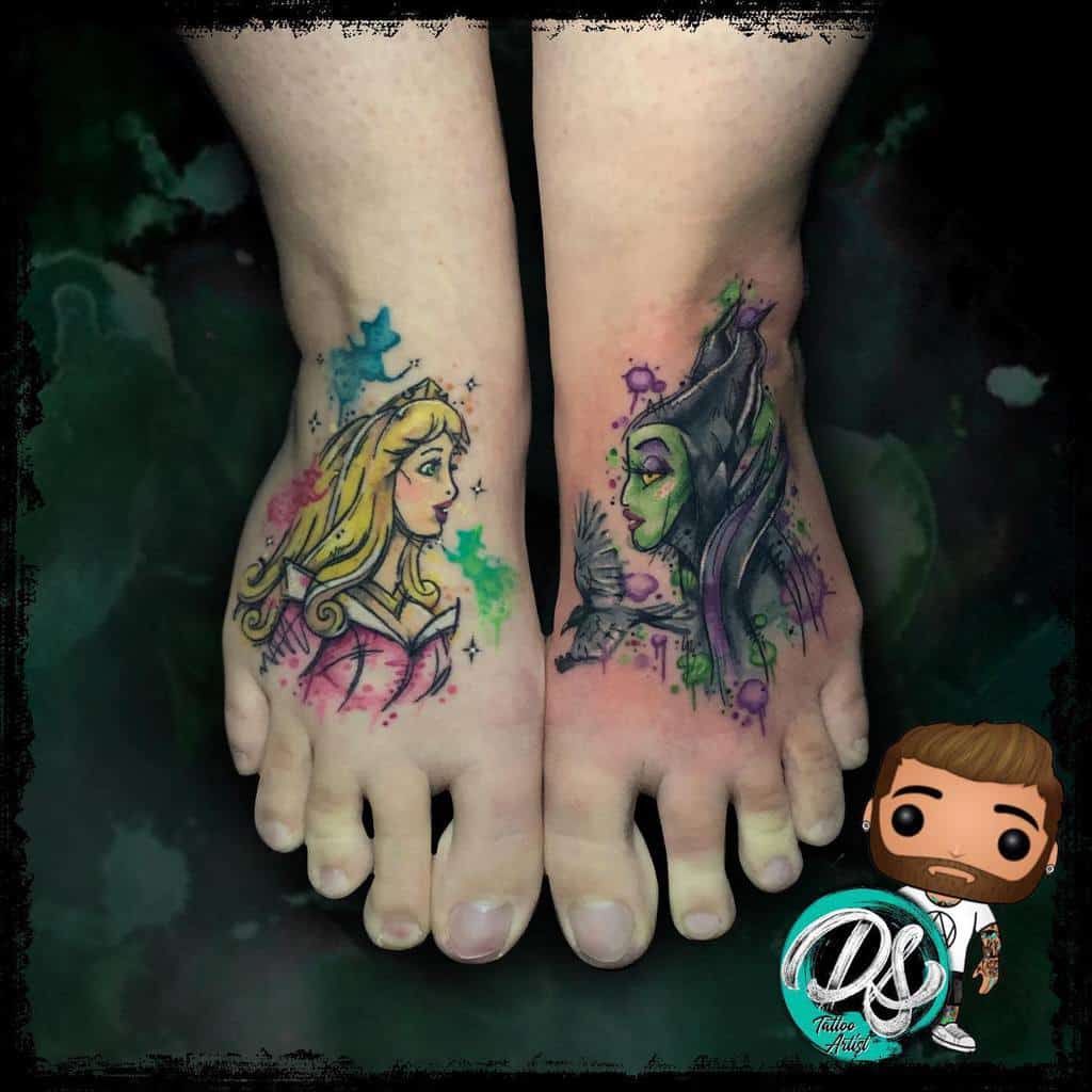 Watercolor Colored Maleficent Tattoos Dannyscotttattooartist