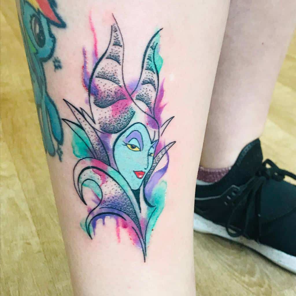 Watercolor Colored Maleficent Tattoos Fifiloutattoo