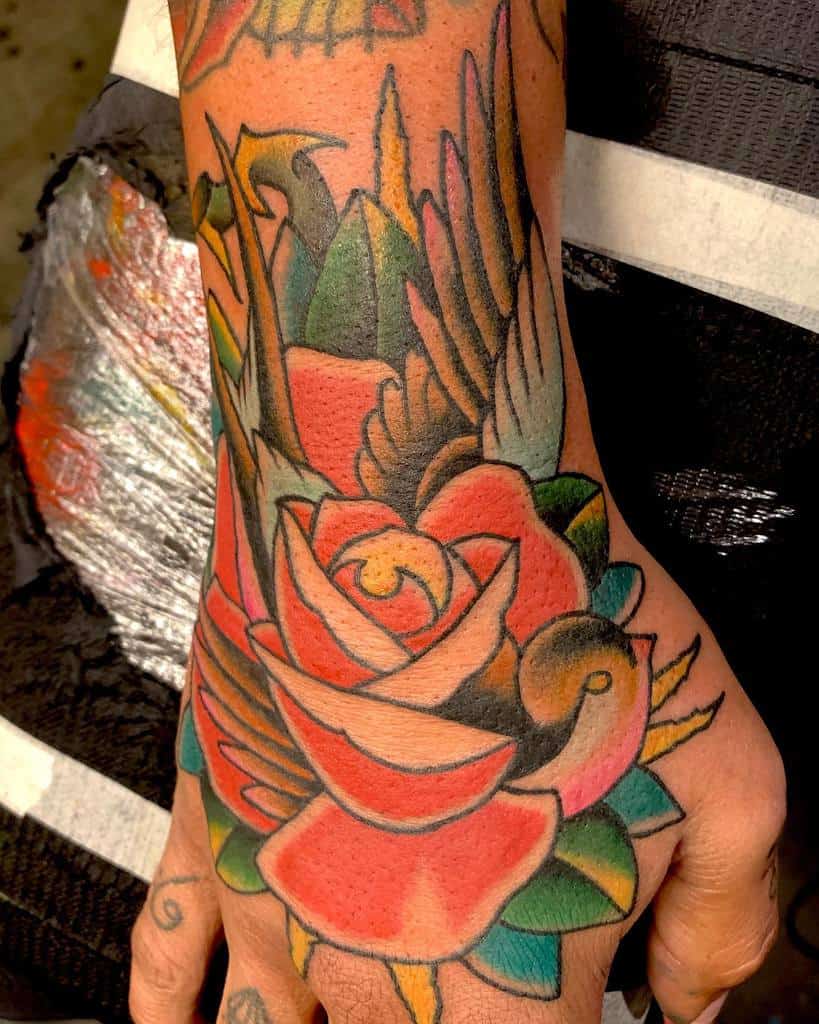 watercolor colored rose hand tattoos antonfahlander