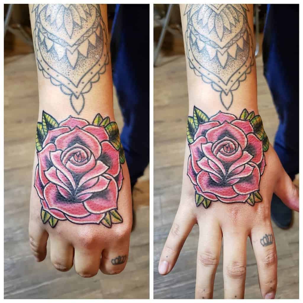 watercolor colored rose hand tattoos danispolson