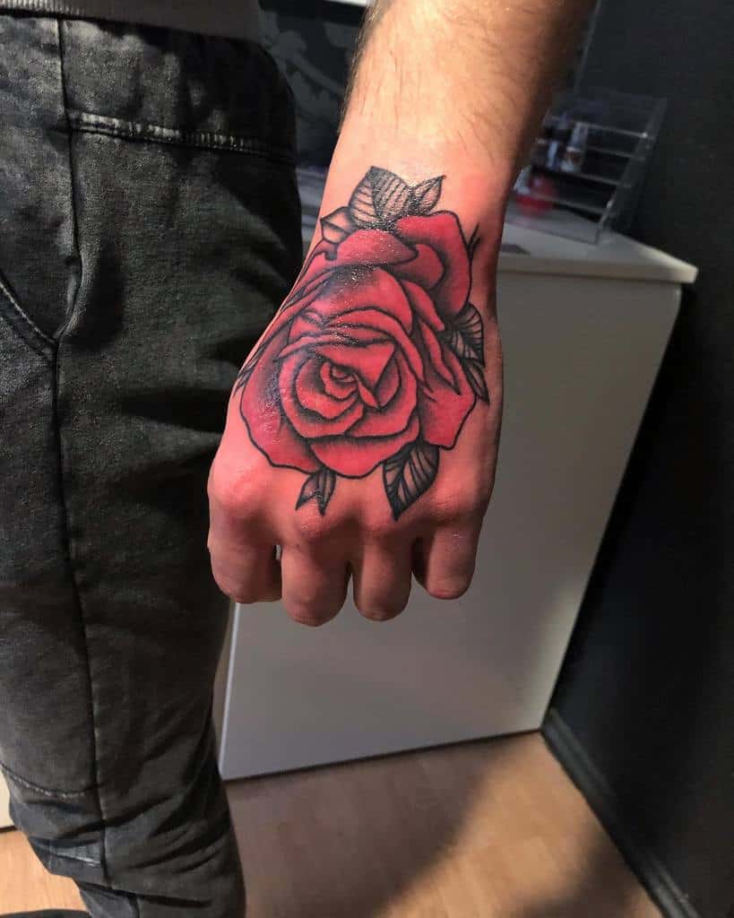 watercolor colored rose hand tattoos peargrutattoo