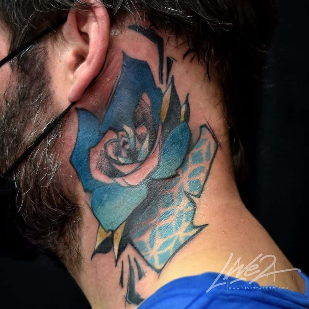 watercolor colored rose neck tattoos livetwotattoo