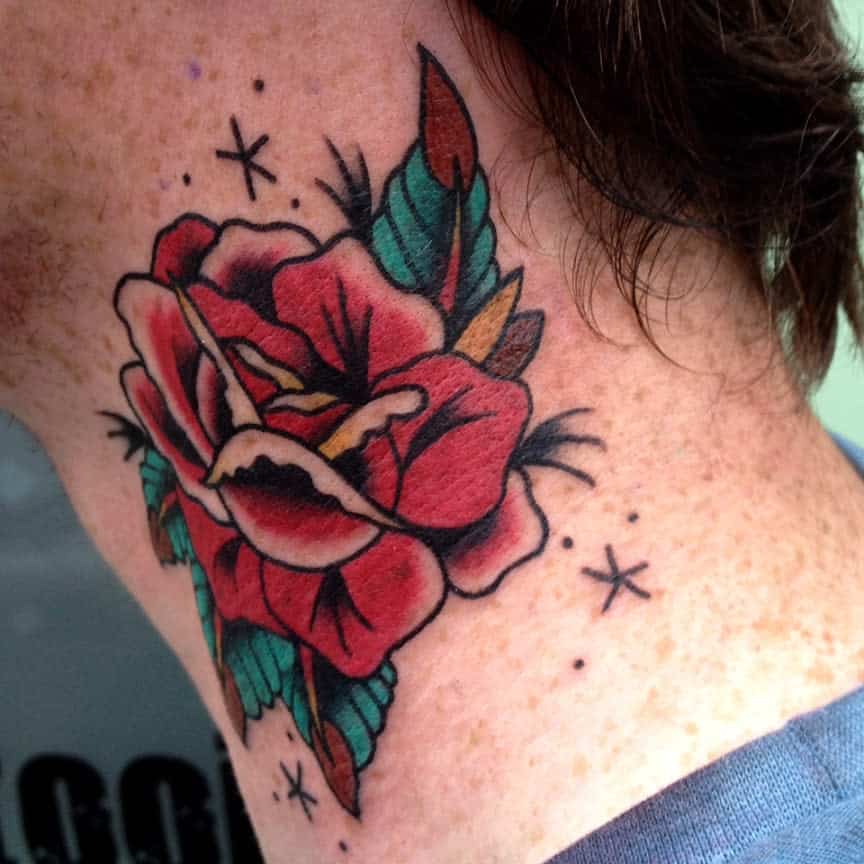 watercolor colored rose neck tattoos merrytattooing