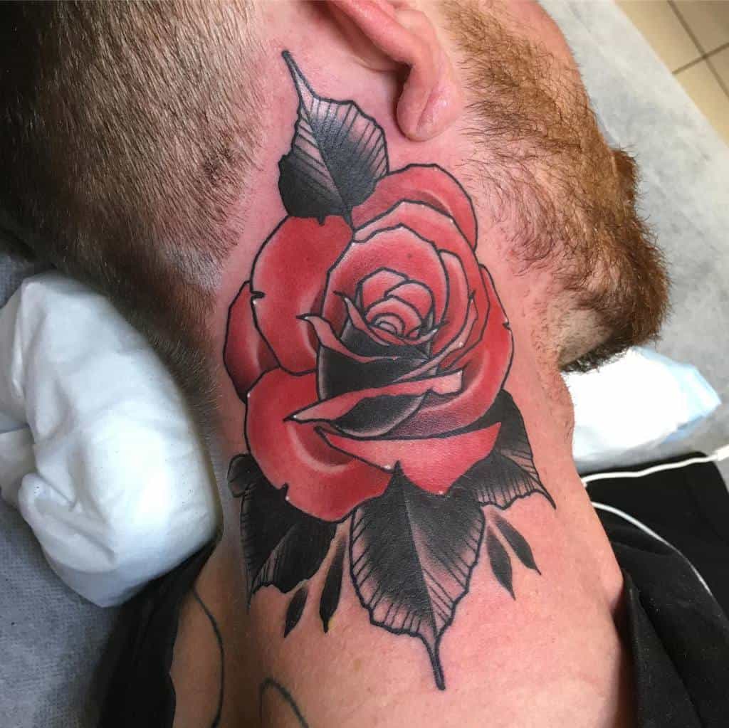 watercolor colored rose neck tattoos scottphillipstattoo