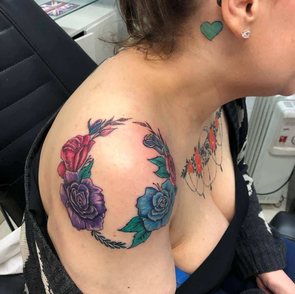 watercolor colored rose shoulder tattoos linda_jones_c