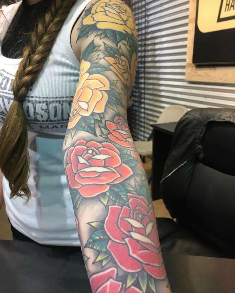 watercolor colored rose sleeve tattoos beccadoodletattoos