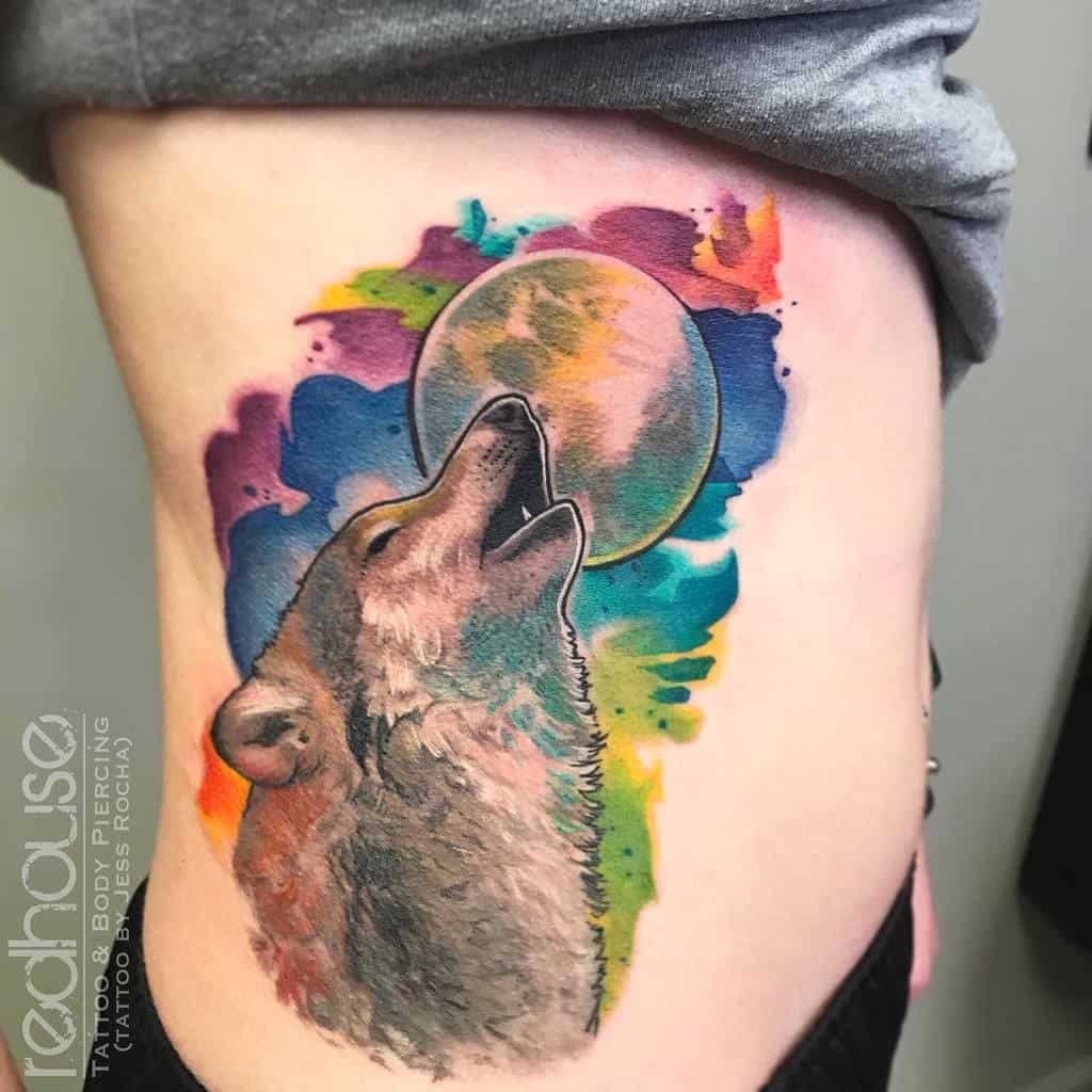 watercolor colorful howling wolf tattoo jessrocharht