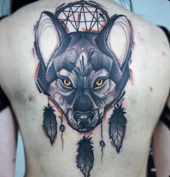 Watercolor Dreamcatcher Mens Back Wolf Tattoo