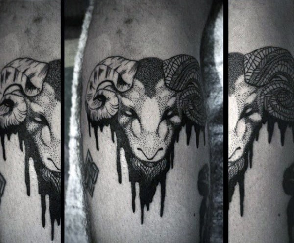 Watercolor Dripping Paint Aries Ram Mens Leg Calf Tattoo