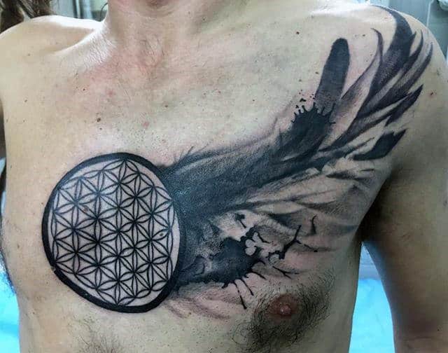 Watercolor Feather Wings Mens Flower Of Life Chest Tattoo
