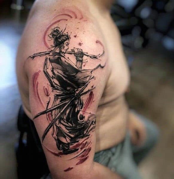 Watercolor Feudal Japan Ninja Mens Arm Tattoo