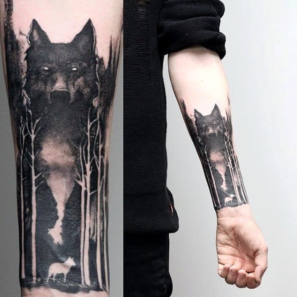 Watercolor Forest With Wolf Mens Negative Space Tattoos
