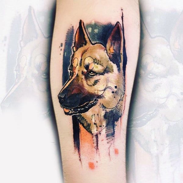 Watercolor German Shepard Mens Forearm Tattoo