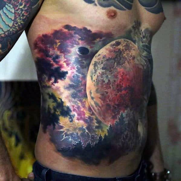 Watercolor Guys Colorful Realistic Moon Chest Tattoo