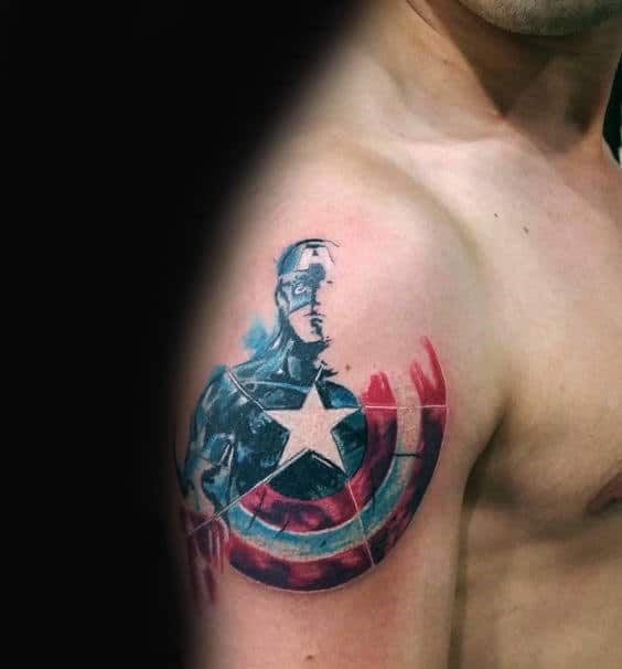 Watercolor Half Captain America Half Shield Leg Calf Tattoo On Male