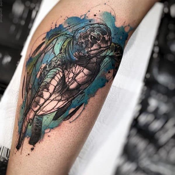 Watercolor Insane Turtle In Water Mens Arm Tattoo