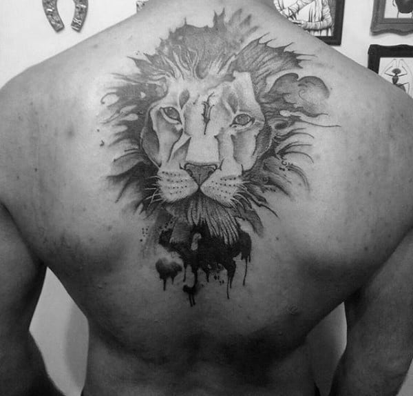 Watercolor Lion Back Tattoo On Guy
