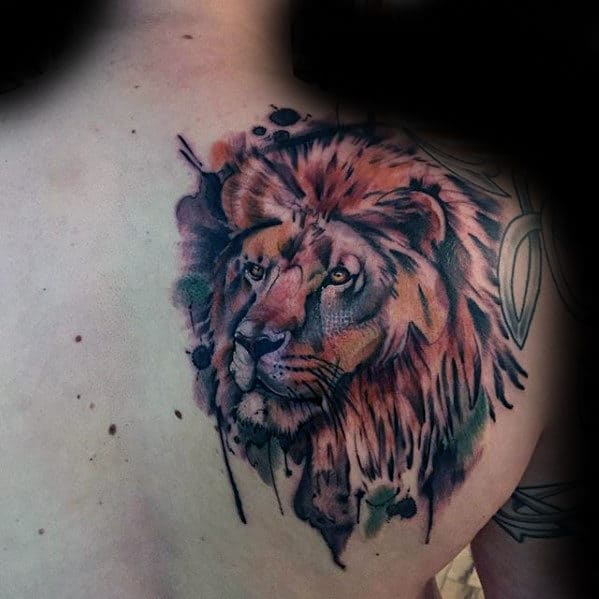 Watercolor Lion Shoulder Guys Tattoos