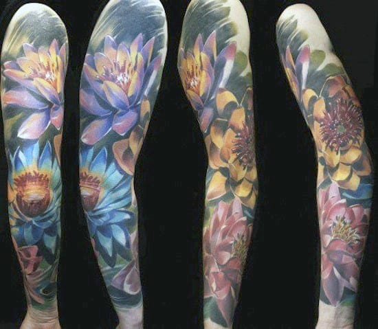 Watercolor Lotus Flower Full Sleeve Male Tattoo Design Ideas