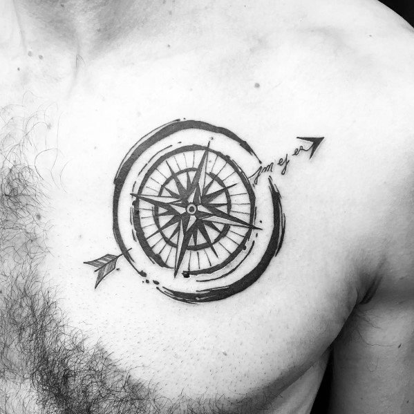 Watercolor Male With Small Compass Tattoos On Chest