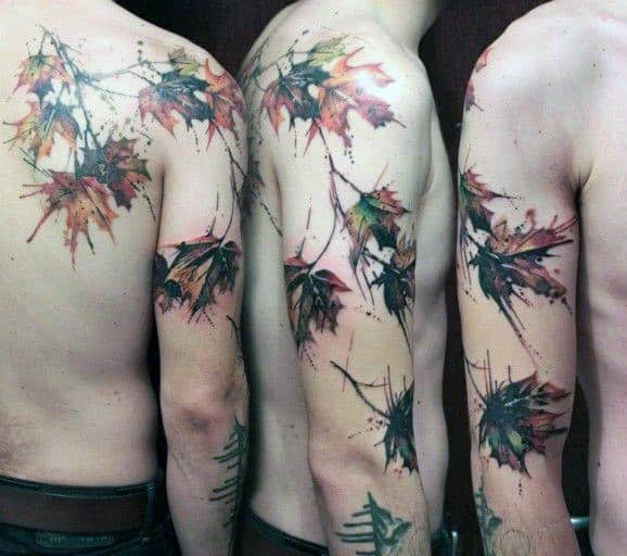 Watercolor Maple Leaf Mens Full Arm Tattoo Ideas