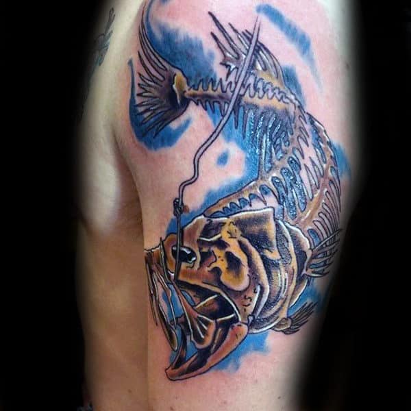 Watercolor Mens Catfish Skeleton Arm Tattoos