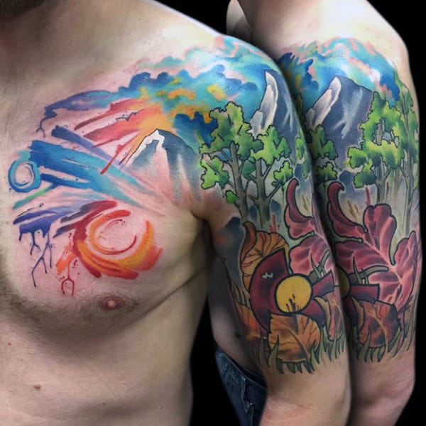 Watercolor Mens Colorado Sky Tattoo Design On Chest And Arm
