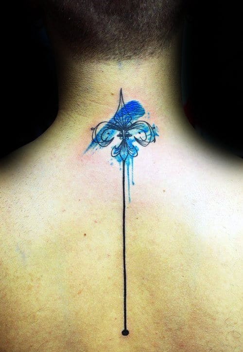 Watercolor Mens Fleur De Lis Spine Back Tattoo