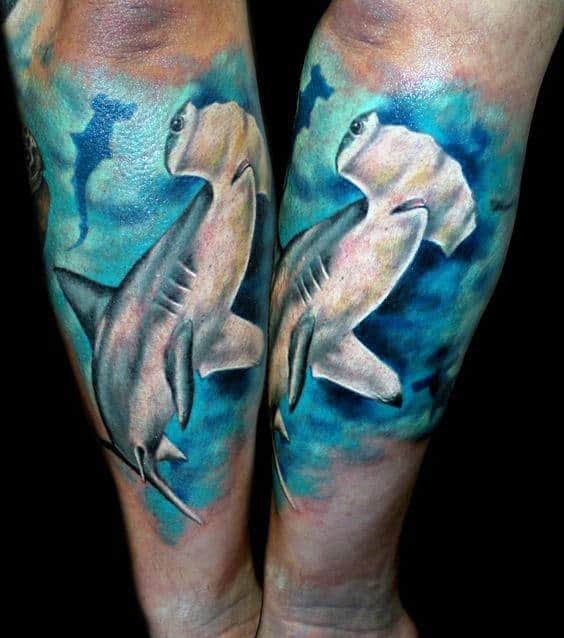 Watercolor Mens Hammerhead Shark Forearm Quarter Sleeve Tattoo