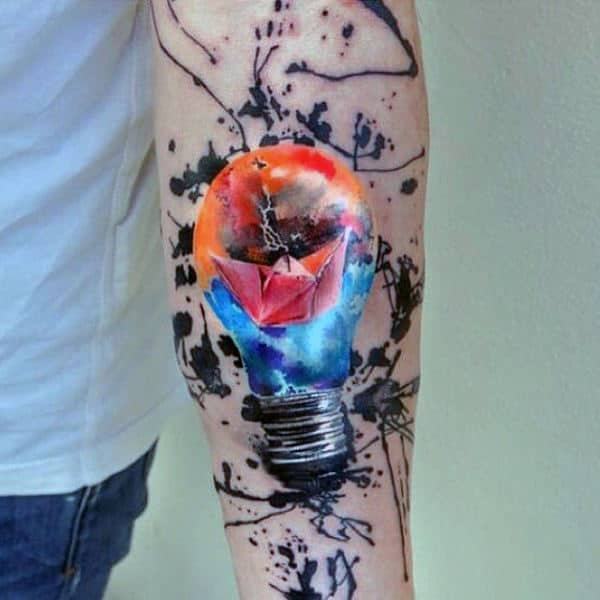 Watercolor Mens Light Bulb Tattoo On Forearm