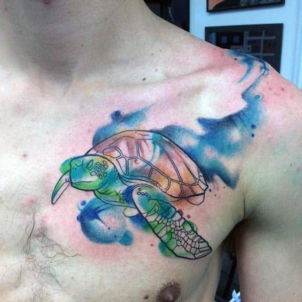 Watercolor Mens Outline Turtle Upper Chest And Shoulder Tattoo