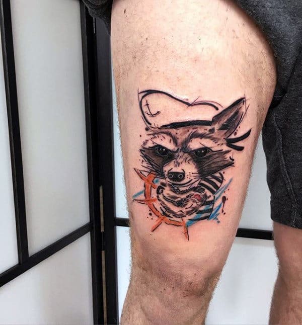 Watercolor Mens Raccoon Sailor Tattoo On Thigh