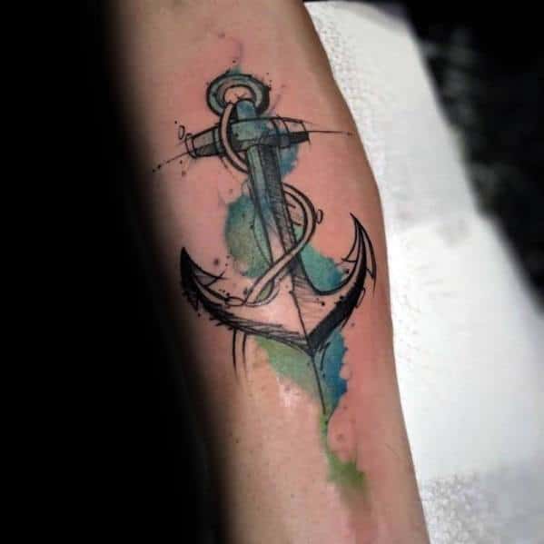 Watercolor Mens Sketched Unique Anchor Tattoo On Inner Forearm