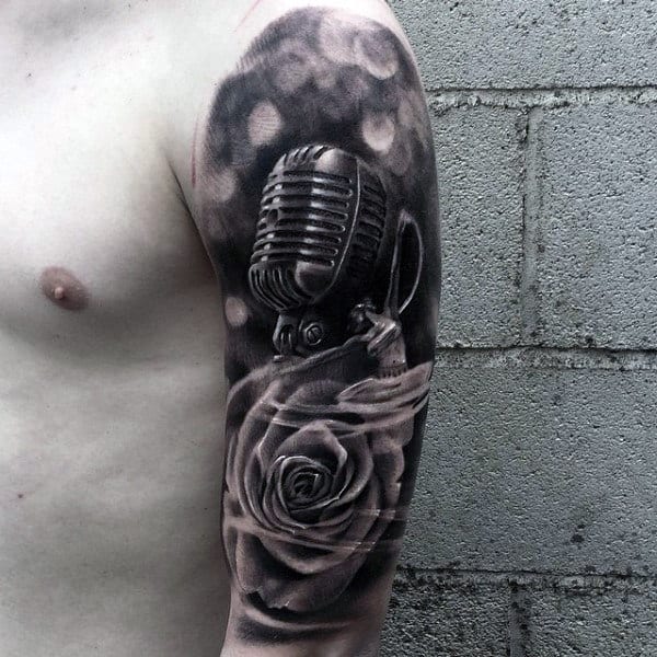 Watercolor Microphone With Rose Flower Half Sleeve Mens Music Tattoos