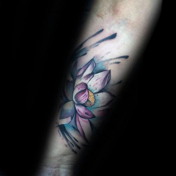 Watercolor Modern Lotus Flower Forearm Tattoos For Guys