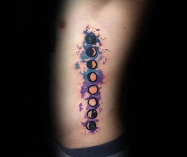 Watercolor Moon Phases Mens Rib Cage Side Tatto Designs